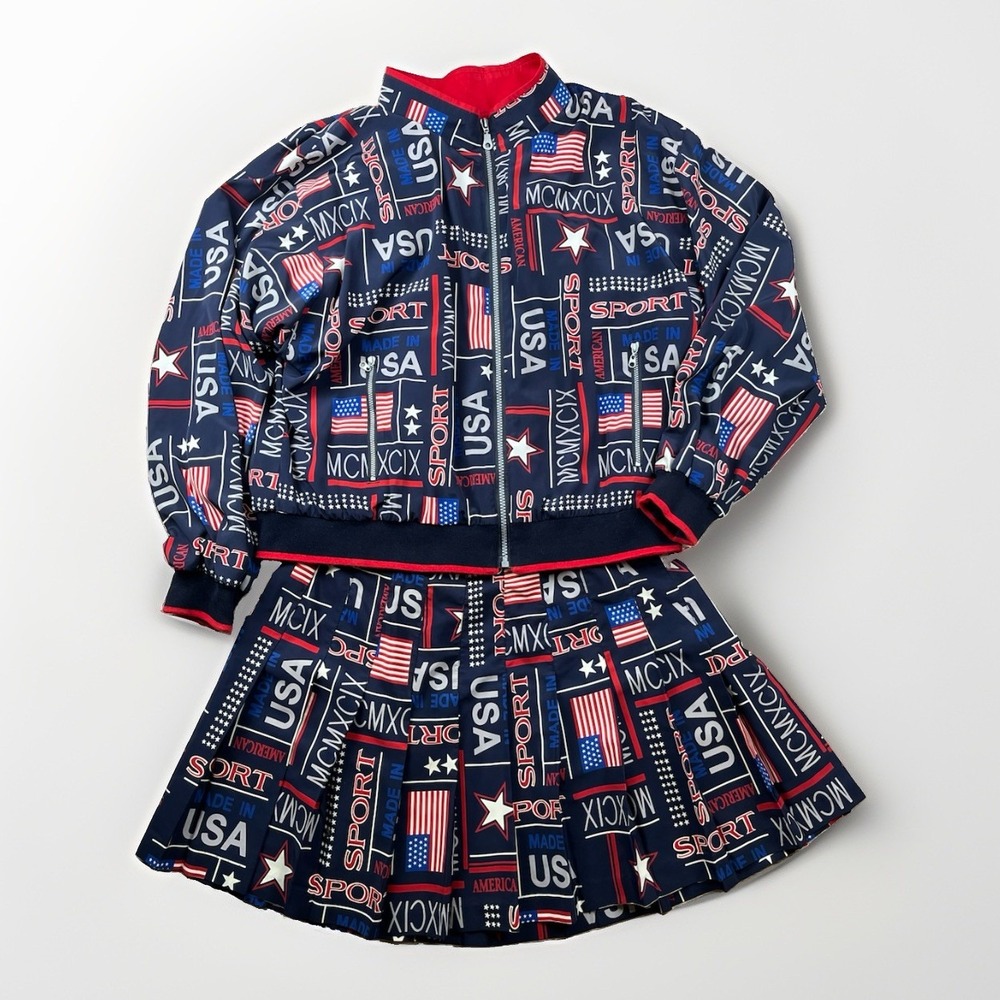 Vintage Tennis Set Jacket & Skirt Women's 14/ Large Navy All Over Print USA